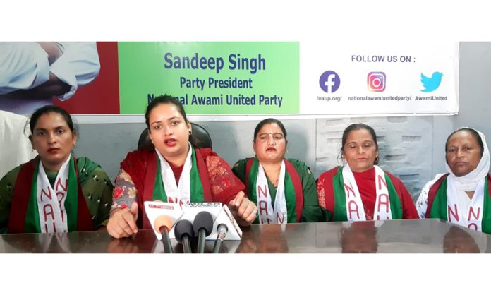 NAUP leader, Shikha Bandral addressing a press conference at Jammu on Saturday.