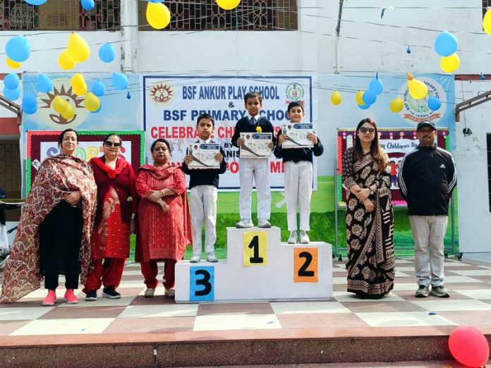 Students of BSF School displaying certificates during annual spots meet.