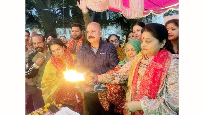 BJP leaders during the concluding ceremony of Ram Katha at Jammu on Saturday.