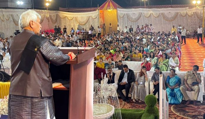 LG Manoj Sinha addressing an event in Mumbai on Saturday.