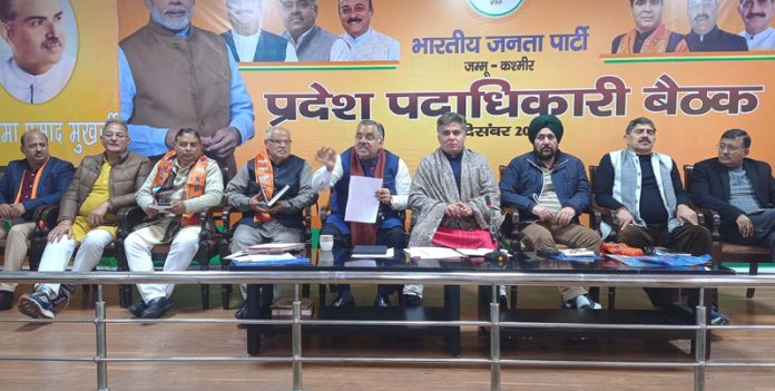 BJP leaders at a party convention at Jammu on Saturday.