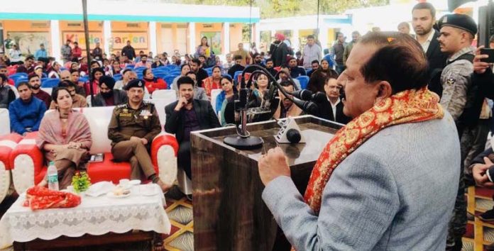 Union Minister Dr Jitendra Singh addressing the ‘Viksit Bharat Sankalp Yatra’ at Tikri near Udhampur on Saturday. —Excelsior/Kumar