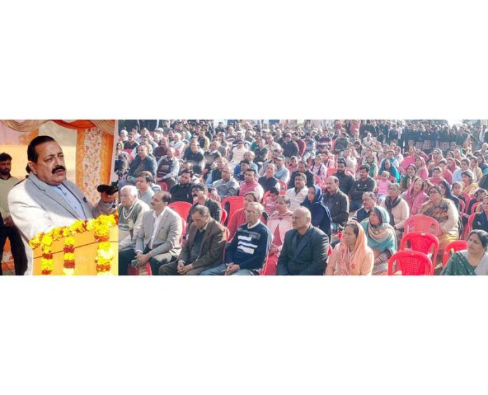 Union Minister Dr. Jitendra Singh addressing the VBS Yatra at Hiranagar on Saturday.