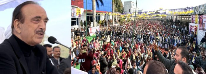 DPAP chairman G N Azad addressing public rally in R S Pura on Saturday.