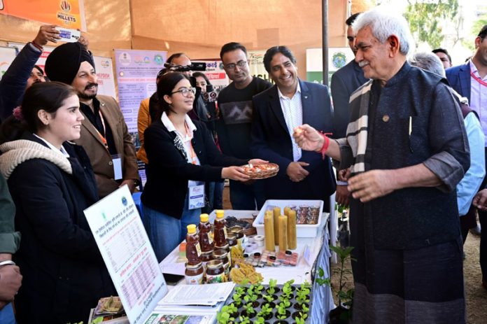 LG Manoj Sinha during visit to ‘Mahotsav 2023’ at Gulshan Ground on Saturday.