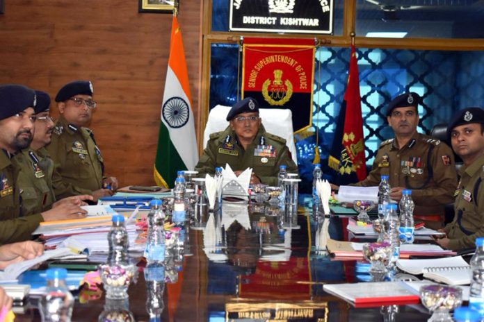 IGP Jammu Anand Jain chairing a meeting on Saturday.