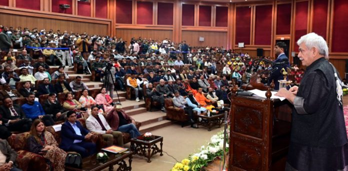 LG Manoj Sinha addressing a gathering on 11th Foundation Day function of Shri Kailakh Jyotish and Vedic Sansthan Trust on Saturday.