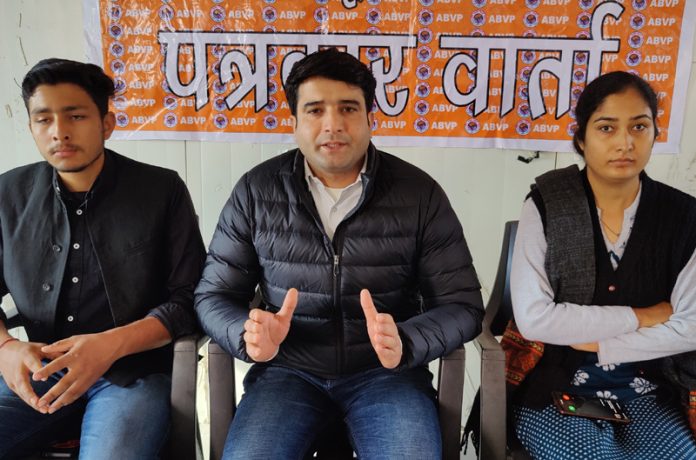 ABVP functionaries addressing a press conference on Saturday.