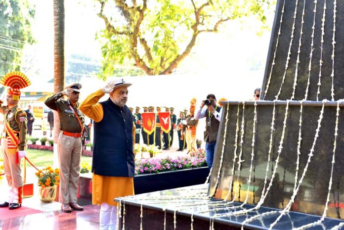 Union Minister for Home Affairs Amit Shah paying tributes at the Shaheed Smarak, SSB Complex, in Tezpur on Saturday. (UNI)