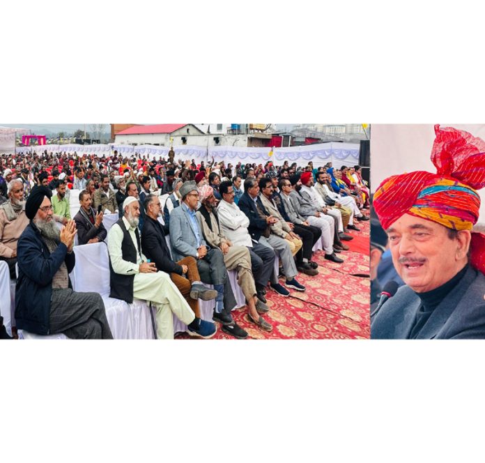 DPAP chairman Ghulam Nabi Azad addressing party meeting at Nagrota on Saturday.