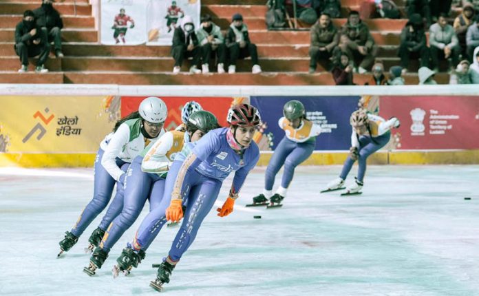 Speed skater Varsha Puranik of Karnataka leads pack in 300m short track final at NDS Stadium in Leh.