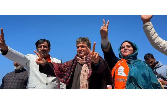 BJP president, Ravinder Raina addressing a rally at Nepora Anantnag on Saturday