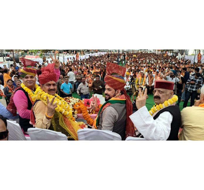 BJP leaders including Union Minister Anurag Thakur at a party rally at Jammu on Saturday.