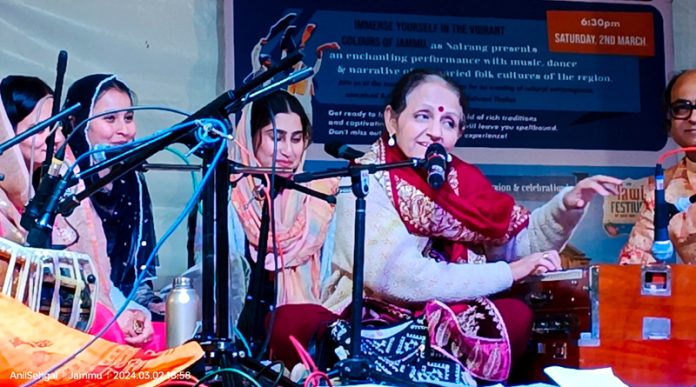 Dogri singer Seema Anil Sehgal performs at Tawi Festival in Jammu on Saturday.