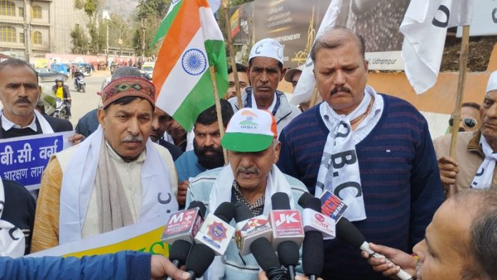 Members of OBC Tiranga Yatra talking to media in Jammu.