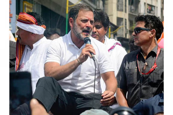 Congress leader Rahul Gandhi addresses supporters during the Bharat Jodo Nyay Yatra, in Thane.