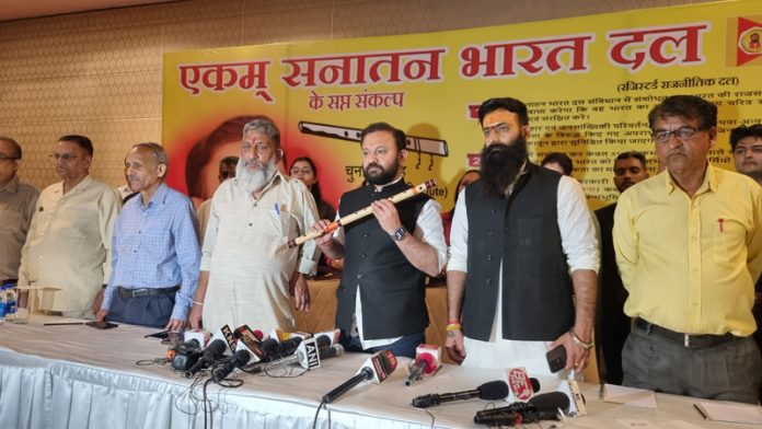 Ekam Sanatan Bharat Dal president Ankur Sharma addressing press conference in Jammu on Saturday. -Excelsior/ Rakesh