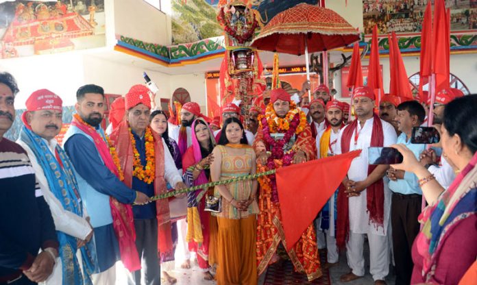 Former Mayor, Chander Mohan Gupta flagging off Charri Yatra from Bhagwati Nagar on Saturday.