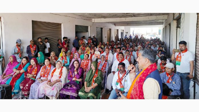 MP Jugal Kishore Sharma addressing an election meeting in Gajansoo area on Saturday.