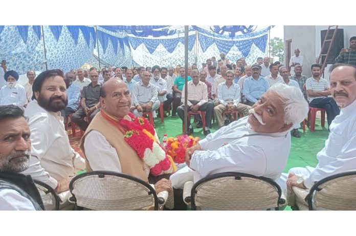 Senior NC leaders Ajay Sadhotra, Rattan Lal Gupta and others during election meeting in Samba on Saturday.