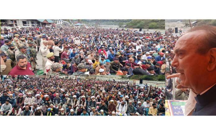 DPAP Chairman, Ghulam Nabi Azad addressing large public rally in Bhalessa area of district Doda on Saturday. -Excelsior/ Rafi Choudhary