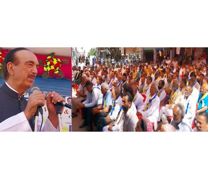 Chairman DPAP and former Chief Minister Ghulam Nabi Azad addressing a gathering at Hiranagar in Kathua on Saturday.