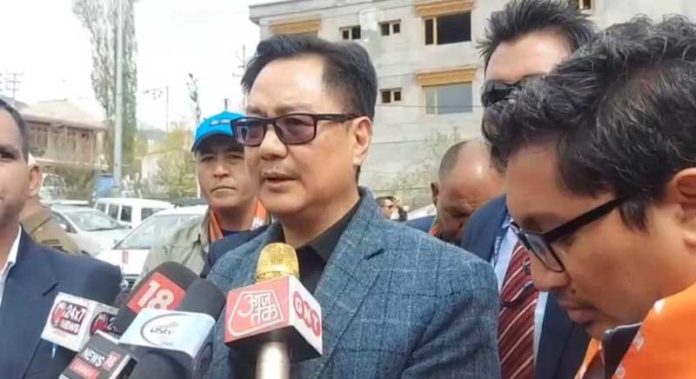 Union Minister Kiren Rijiju addressing media persons in Leh on Saturday.