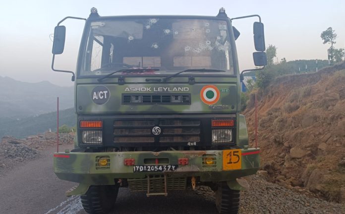 An IAF vehicle ambushed by the terrorists in Surankote on Saturday. —Excelsior/Wasim