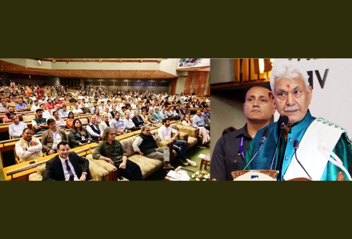 LG Manoj Sinha addressing the Tourism Conclave at SKICC Srinagar on Wednesday. -Excelsior/Shakeel