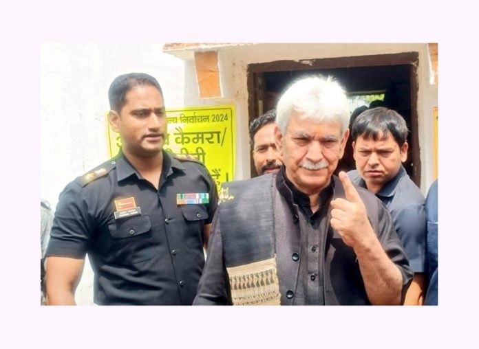 LG Manoj Sinha after casting his vote in Ghazipur district of Uttar Pradesh on Saturday.