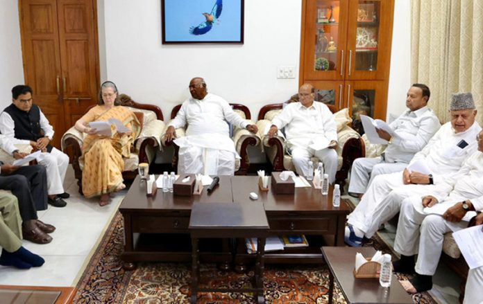 INDIA bloc leaders Sonia Gandhi, Mallikarjun Kharge, Sharad Pawar, T R Balu, Farooq Abdullah, Ramgopal Yadav and others attending a meeting convened by Congress president Mallikarjun Kharge at his residence in New Delhi on Saturday. (UNI)