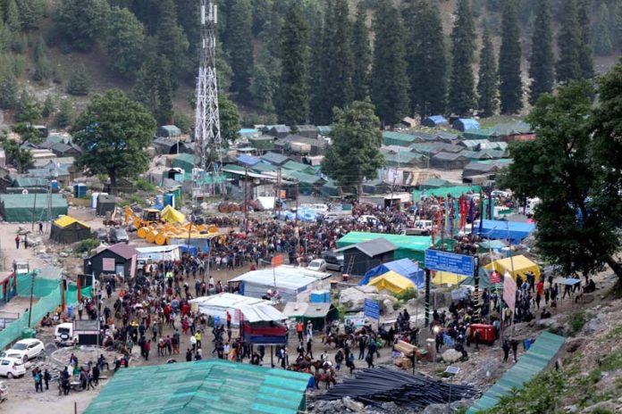 The first batch of Amarnath Ji pilgrims leaving Baltal base camp towards holy cave on Saturday morning. -Excelsior/Shakeel