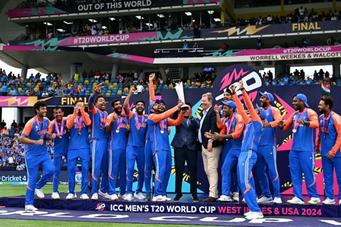 Indian Cricket team celebrating after winning T20 WC against South Africa at Bridgetown.