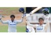 Shafali Verma (L) raising her bat after scoring double century and Smriti Mandhana (R) celebrating her century against South Africa