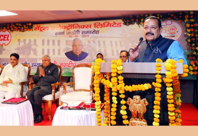 Union Minister Dr Jitendra Singh speaking, in the presence of Vice President of India Jagdish Dhankar, at the Golden Jubilee celebration of Central Electronics Limited (CEL) at Sahibabad on Wednesday.