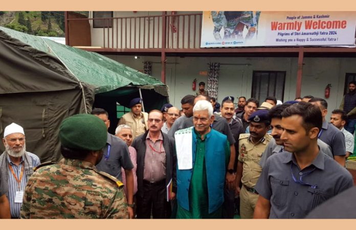 LG Manoj Sinha during visit to Chandanwari Base Camp on Wednesday.