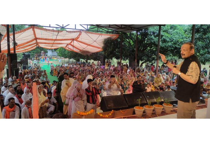 Senior BJP leader Devender Rana addressing Paryavaran Sammelan in Kot Bhalwal area of Jammu.