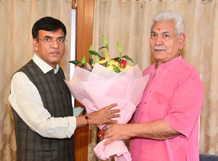 Union Minister Dr Mansukh Mandaviya meeting with LG Manoj Sinha on Sunday.