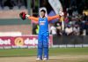 Abhishek Sharma celebrating his 1st T20I century against Zimbabwe at Harare on Sunday.