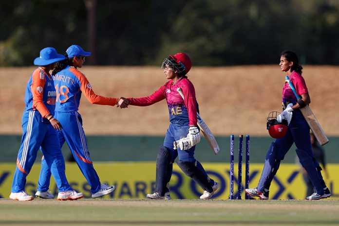 Players of India & UAE interacting with each other during T20 match at Dambulla on Sunday.