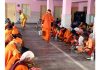 Shri Amarnath Ji bound Sadhus being served Prashad at Ram Mandir Jammu on Thursday. -Excelsior/Rakesh