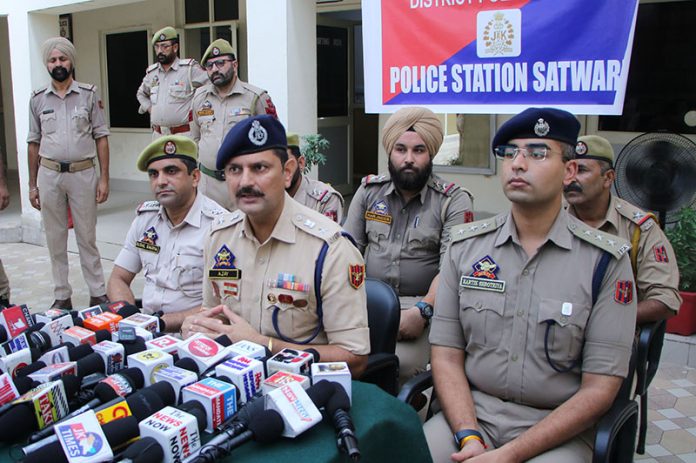 SP Jammu South, Ajay Sharma, addressing media persons at Police Station Satwari on Sunday. -Excelsior/Rakesh