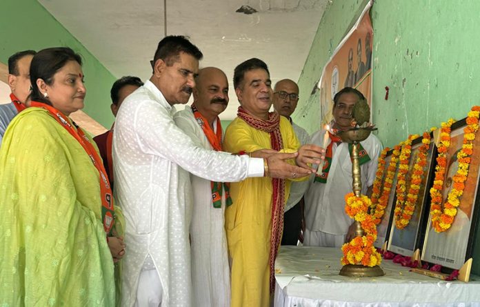 BJP president, Ravinder Raina and other senior leaders at a party Sammelan at Jammu on Sunday.