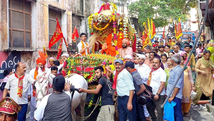 Pingla Mata Shobha Yatra being taken out in Udhampur town on Sunday. -Excelsior/K Kumar