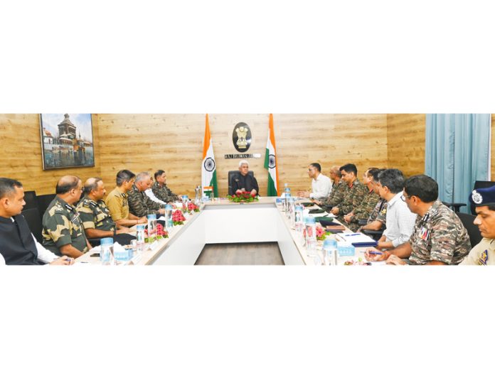 LG Manoj Sinha chairing a high-level security review meeting in Raj Bhawan Jammu on Saturday.