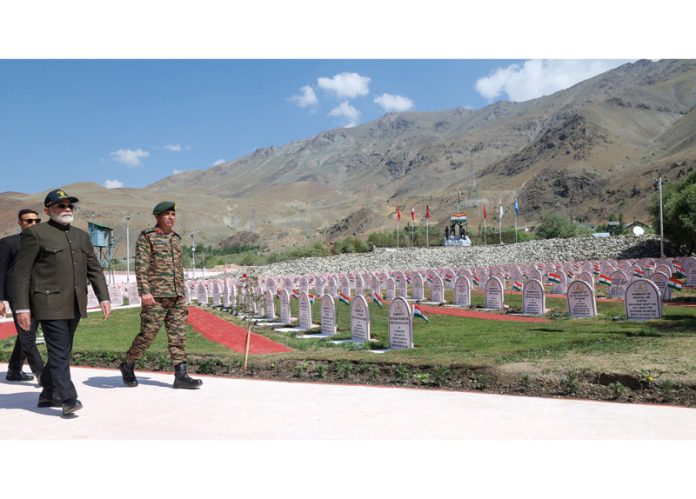 Prime Minister Narendra Modi at the Shradhanjali Samaroh organised on the occasion of 25th Kargil Vijay Diwas at Kargil War Memorial (Drass), in Ladakh on Friday. (UNI)