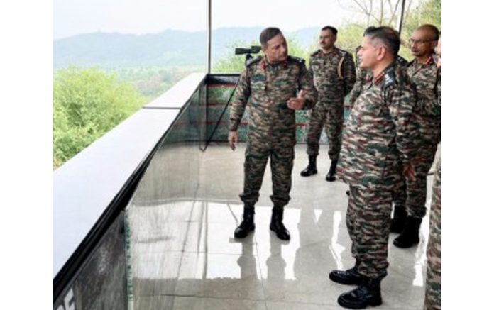 Chief of Army Staff Gen Upendra Dwivedi being briefed by the senior officers during his visit to the LoC in Poonch on Wednesday.