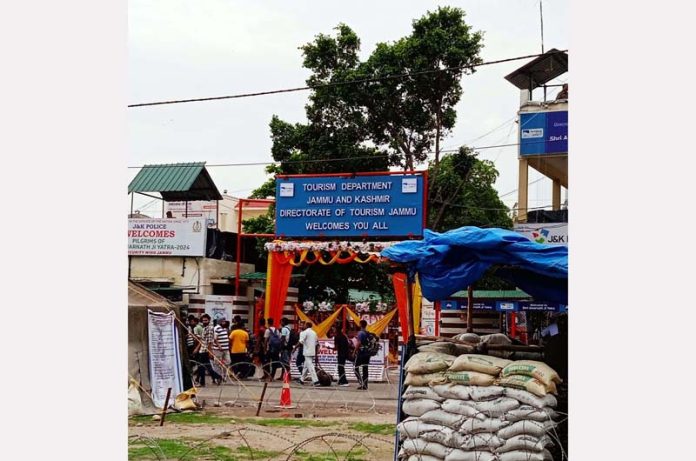 Amarnath pilgrims at Yatra base camp in Bhagwati Nagar, Jammu under tight security cover on Monday.