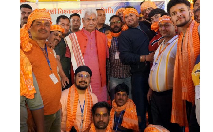 LG Manoj Sinha with pilgrims at Nunwan base camp on Tuesday.