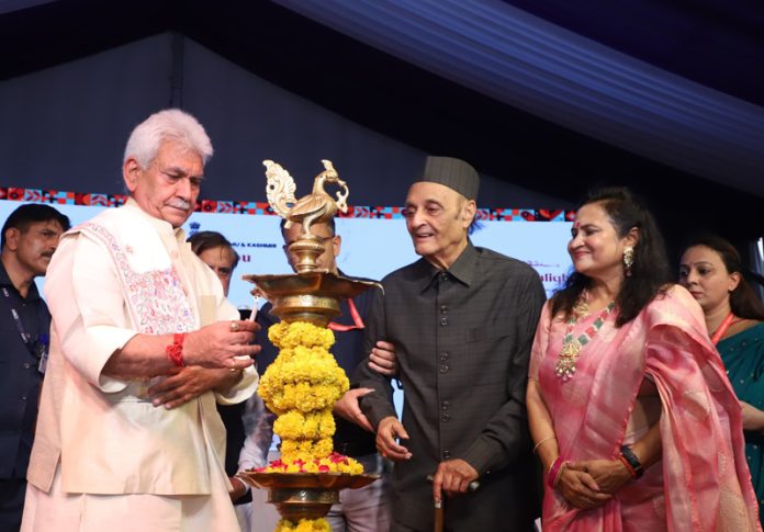 LG Manoj Sinha inaugurating second edition of J&K Sambhaav Utsav in the presence of Dr Karan Singh in New Delhi on Friday.